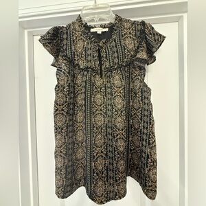 LOFT Women’s Black Floral Flutter-Sleeve Blouse with Gold detailing